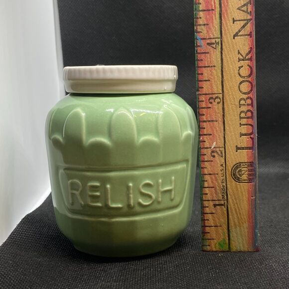 ceramic relish jar with lid and spoon green vintage style cute small retro kitch - Picture 11 of 12